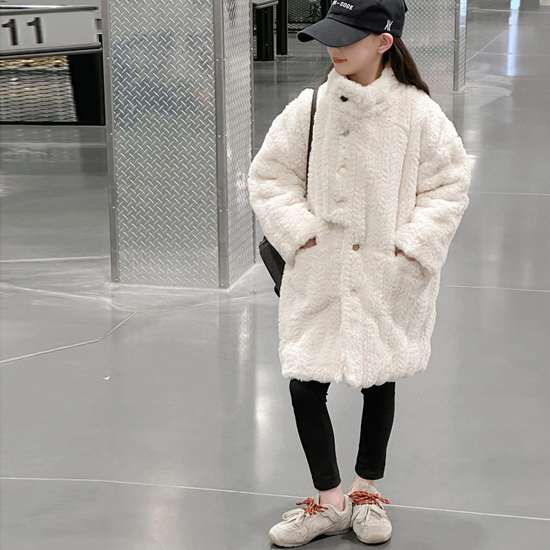 女童毛毛衣夹棉秋冬装2025新款韩版中大童立领外套加厚中长款大衣