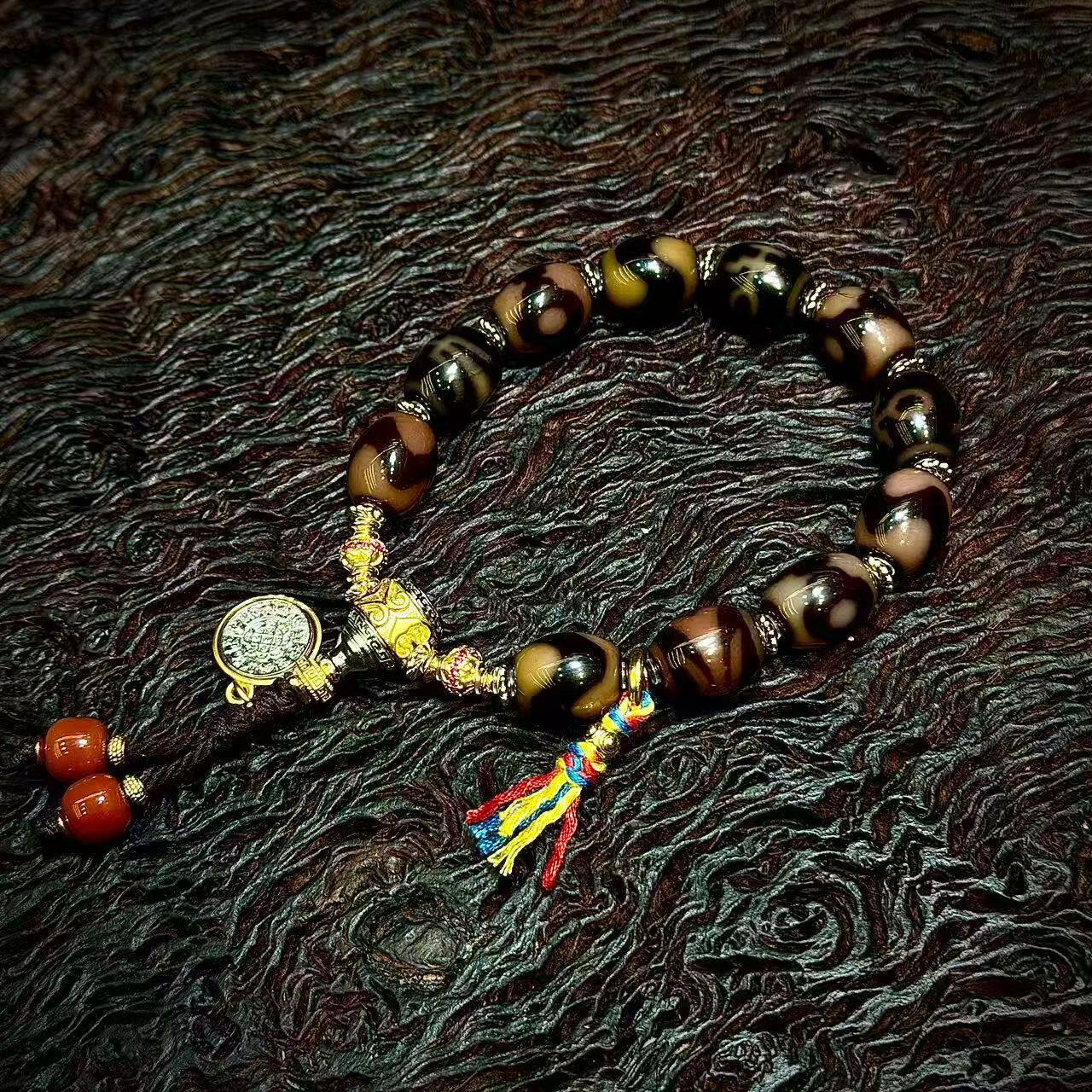 5A级西藏天然真品老矿原石玛瑙三眼贵人虎牙天珠手串藏式多宝手链