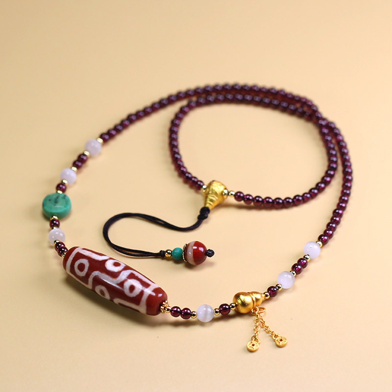 5A级西藏天然真品老矿原石玛瑙红肉九眼天珠锁骨项链13*39mm左右