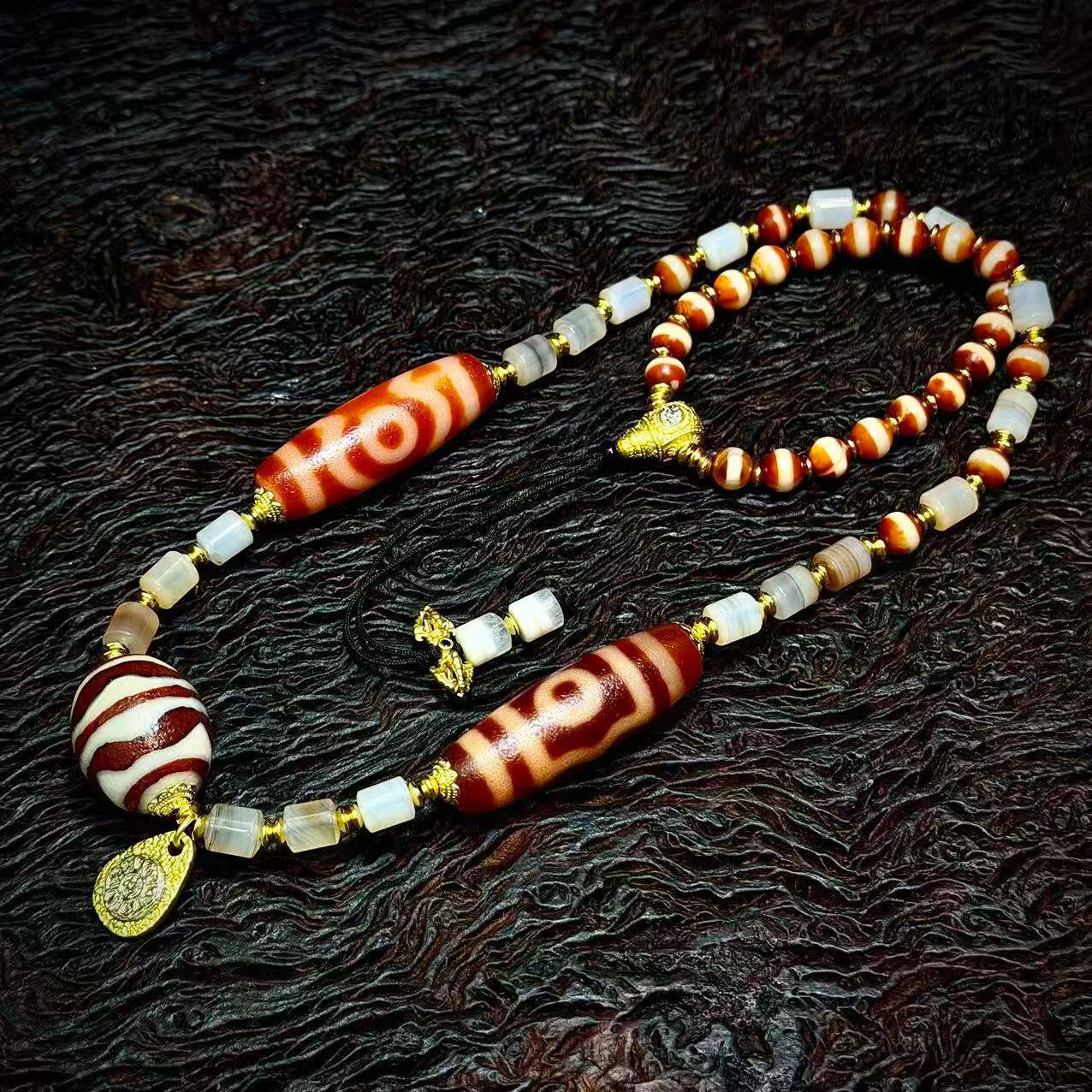 5A级西藏天然真品老矿原石玛瑙双虎牙三眼天珠药师珠项链民族藏式