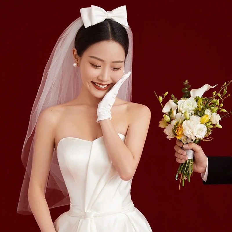 新款蝴蝶结头纱短款双层新娘结婚领证影楼头纱白色婚礼造型简约