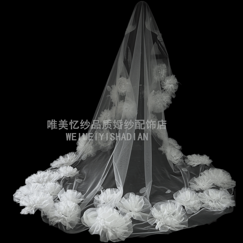 新款造型羽毛花朵头纱超仙蓬蓬短款新娘婚纱头饰拍样片森系影楼