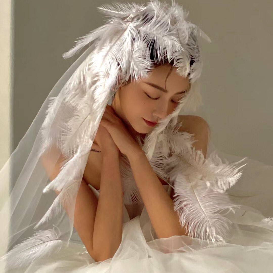 唯美忆纱手工白色羽毛头纱