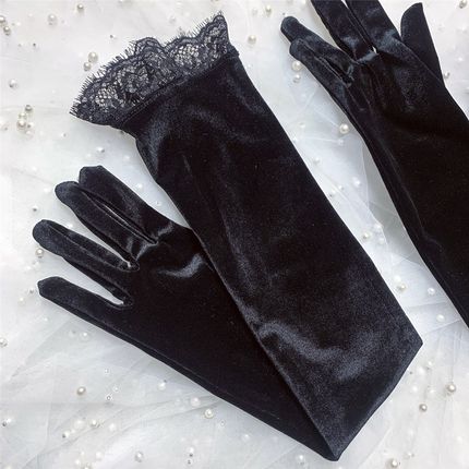 新款黑色丝绒长款手套蕾丝花边时尚写真拍照影楼配饰女士复古手套