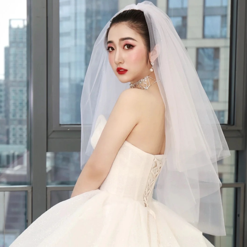 新款多层蓬蓬白色韩式造型头纱