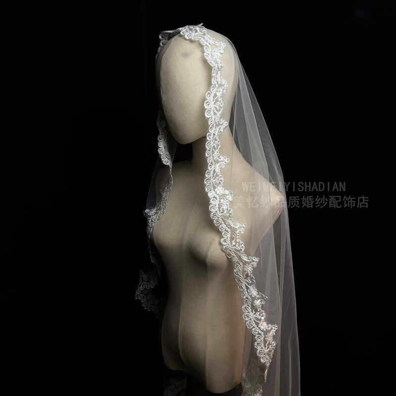 复古白色新娘长短款花边单层头纱