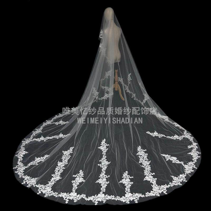 新款超长3米拖尾白色手工排花头纱主婚礼新娘头饰婚纱配饰