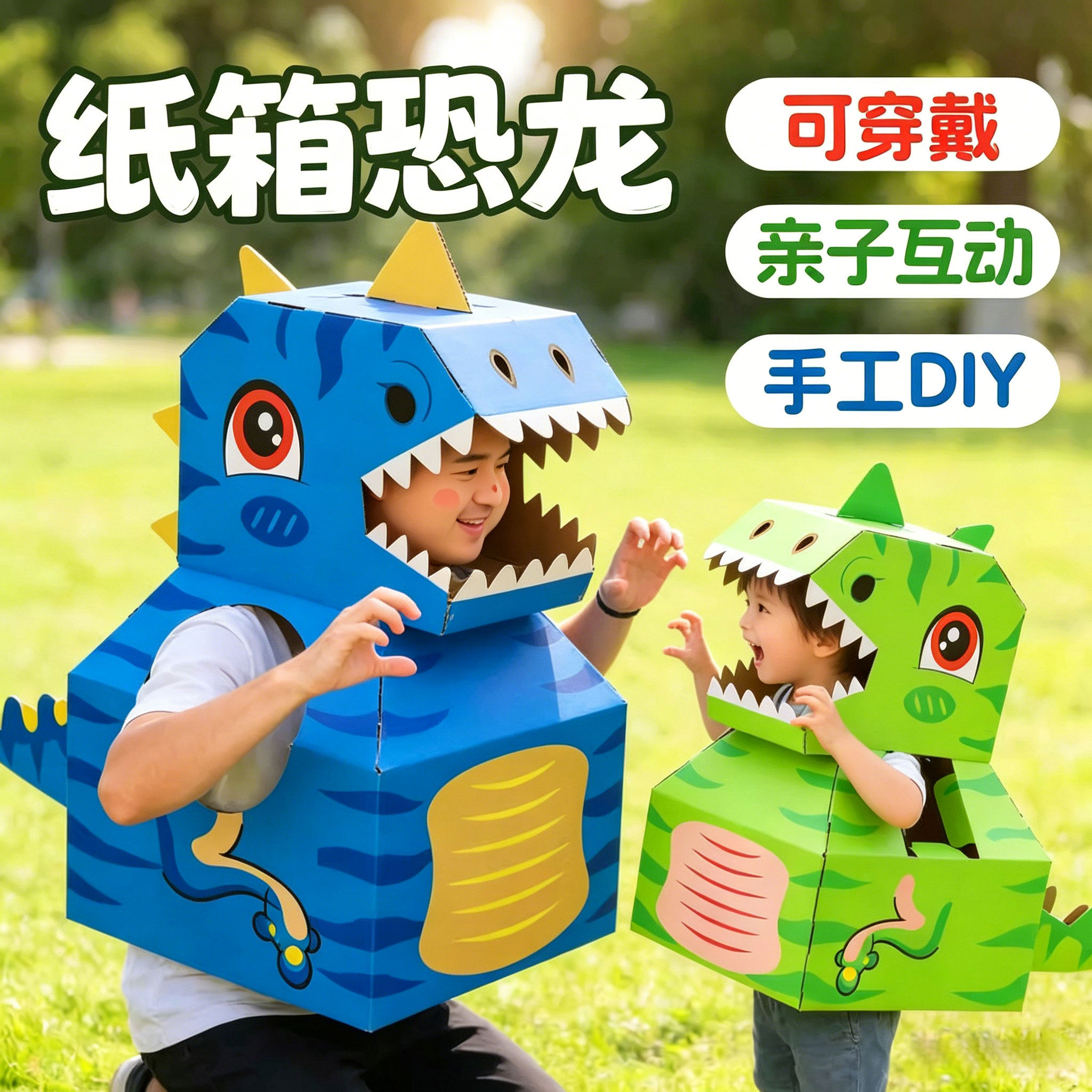 儿童手工制作diy恐龙纸箱可穿戴纸盒头套幼儿园拼图互动纸板玩具6图片