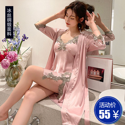 夏季性感丝绸两件套带胸垫睡袍