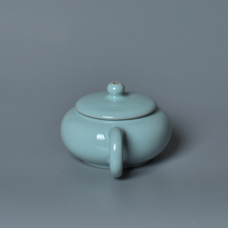 北宋汝窑核心产区 原矿手工水扁壶天青釉开片150毫升家用茶具泡茶