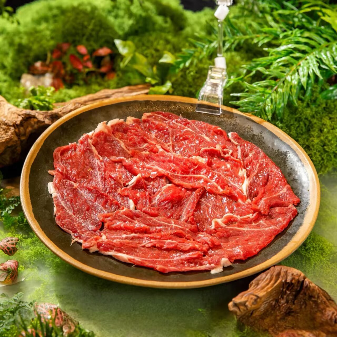 密胺火锅店涮肉盘子现切吊龙牛肉羊肉立盘圆形肥牛盘子餐具带架子