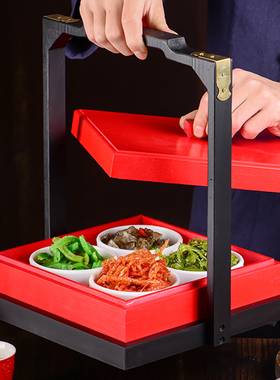 新中式红色仿古手提盒酒店烤肉餐具创意木质特色菜火锅店分格拼盘