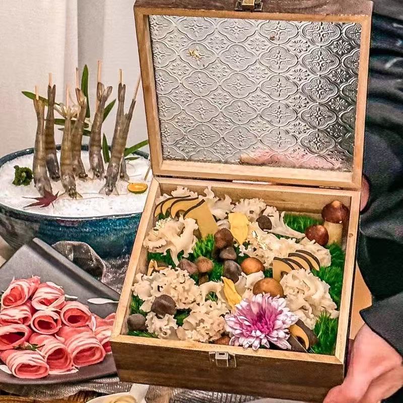 复古海棠花玻璃盘火锅蔬菜菌菇拼