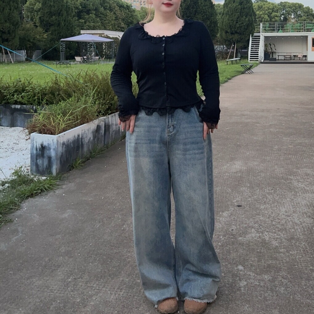 胖mm宽松显瘦复古毛边牛仔裤