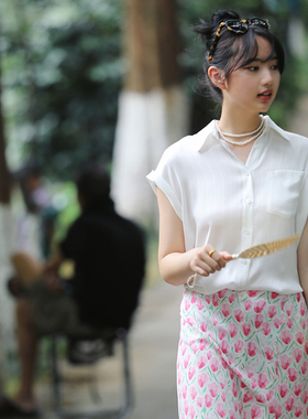 RookieCombo新职人 夏季通勤小飞袖白条纹无袖衬衫