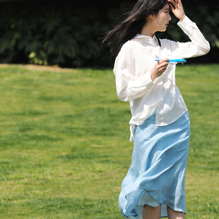 春夏通勤丝质轻盈湖蓝色A字松紧腰半裙中长裙 RookieCombo新职人