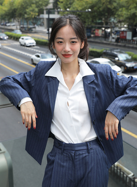 RookieCombo新职人 春秋藏蓝条纹通勤宽松休闲短款西装外套