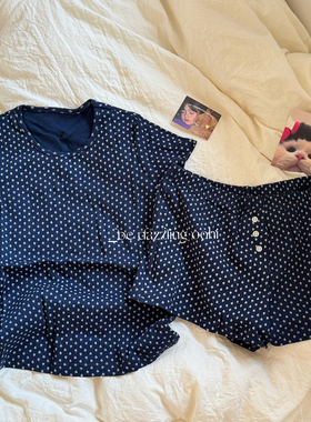 美式田园小清新短袖睡衣~春夏藏青色碎花小短裤家居睡裤纯欲套装