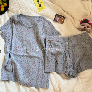 有亿点点可爱~灰底碎花镂空甜美睡衣!春夏新领短袖居家服短裤套装