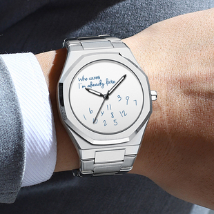 个性涂鸦手表时尚潮流高级感阿拉伯数字大表盘钢带防水男士腕表