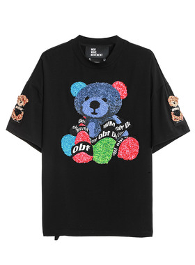 潮牌小熊装饰黑色短袖 T 恤 街头风男女同款上衣 MW092021025