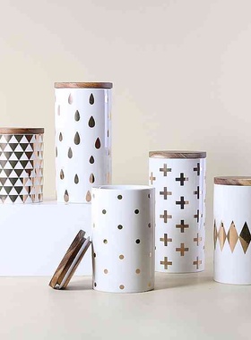 北欧创意木盖金色陶瓷储物罐密封罐厨房收纳罐子茶叶咖啡罐