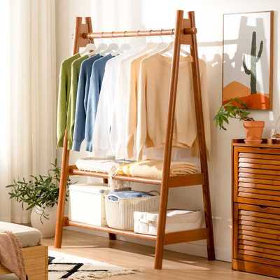 实木衣帽架落地双杆挂衣架卧室开放式晾衣服支架立式 双层 置物架