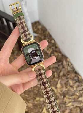 适用于苹果手表8代applewatch7se654321千鸟格羊毛呢牛皮复古表带