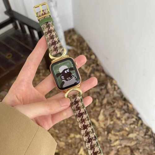 适用于苹果手表8代applewatch7se654321千鸟格羊毛呢牛皮复古表带