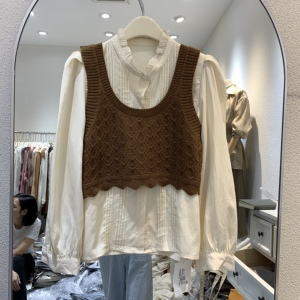 新袖2023秋季新款韩版麻花纹针织吊带外搭背心+衬衣两件套装女