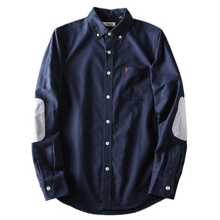 新款 休闲百搭衬衫 手肘贴布补丁 修身 衬衣 全棉水洗牛津纺男士 秋季