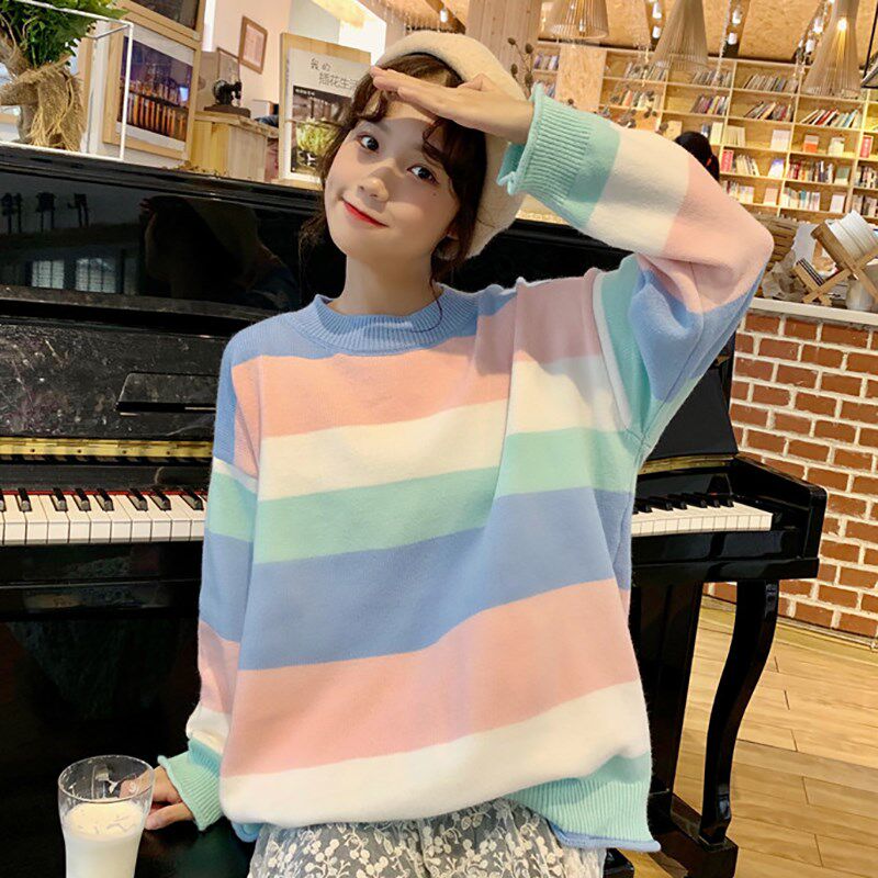 仙气针织衫韩版女2020秋冬百搭bf慵懒风上衣外穿毛衣套头宽松条纹|ruв категории Женская одежда, свитер - от Buy2taobao.com для оказания профессиональной услуги покупки агента Taobao