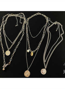 巴洛克人像图腾银色多层项链金属