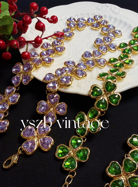 包邮 1981 复古Vintage宫廷风镀真金四叶草爱心紫色绿色项链