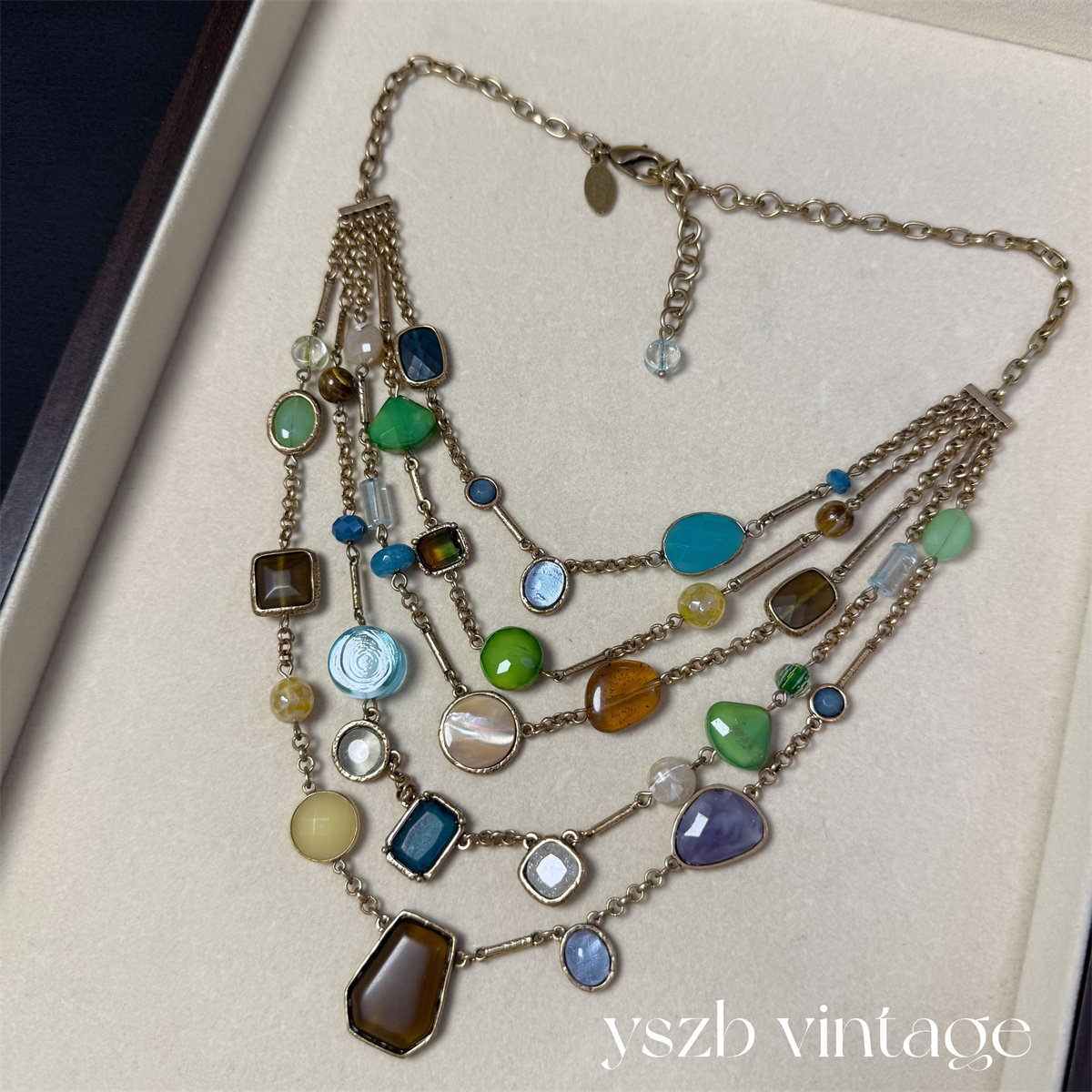 包邮 2071 复古Vintage多宝彩色石头树脂做旧多层夸张重工项链