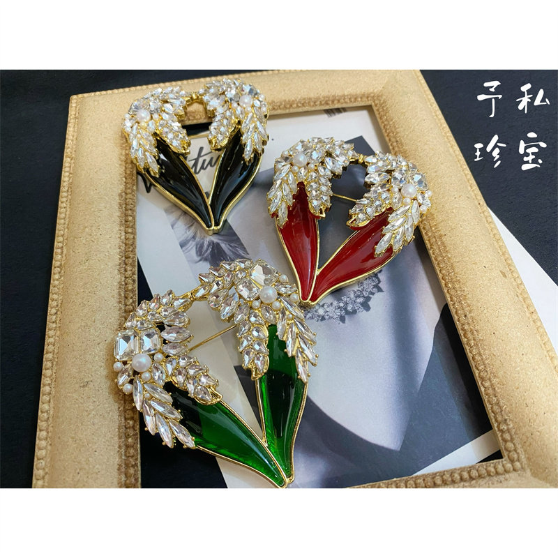 包邮 1664 复古Vintage中古重工镀真金保色琉璃水钻珍珠爱心胸针