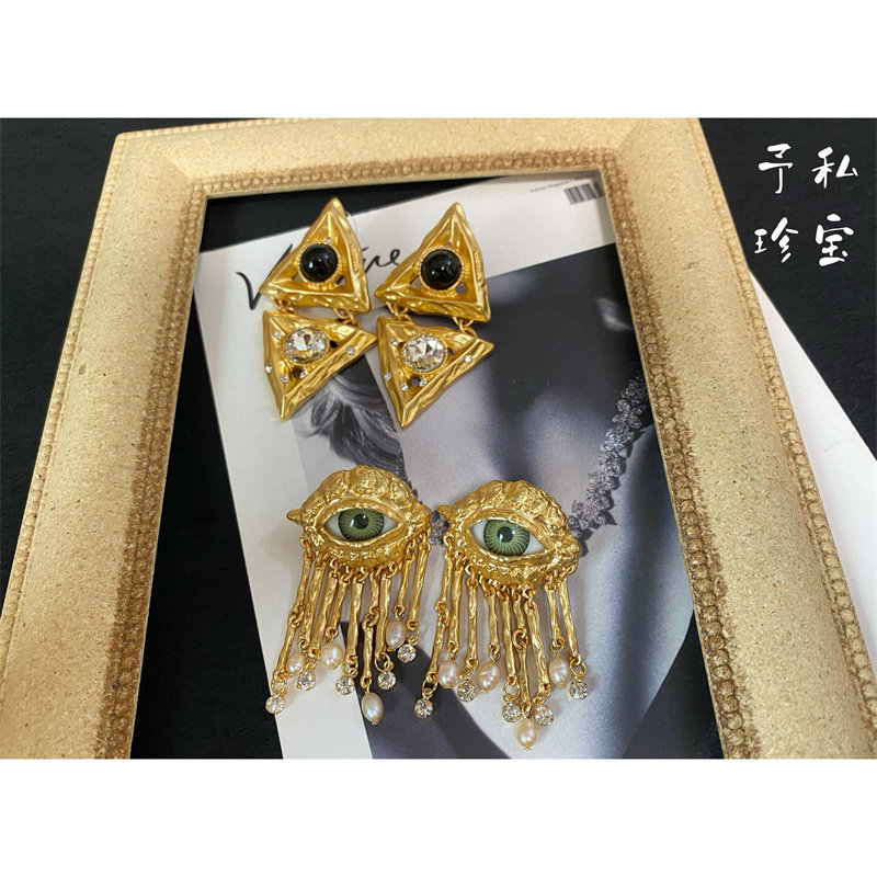 包邮 1587 复古Vintage镀真金保色欧美夸张眼睛流苏三角耳环耳夹