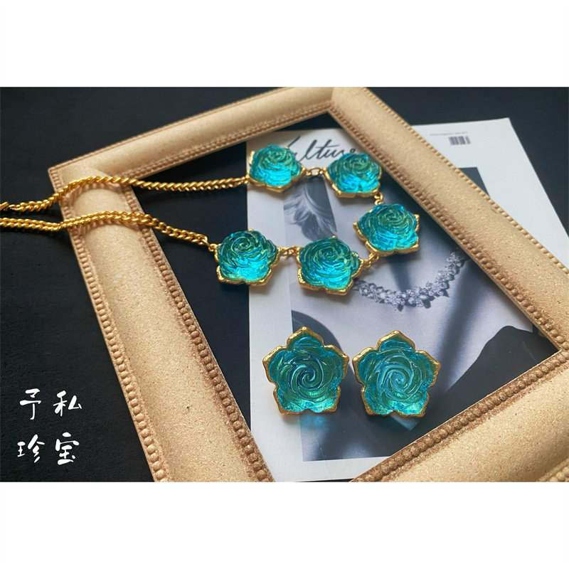 中古复古蓝色琉璃玫瑰花耳环项链