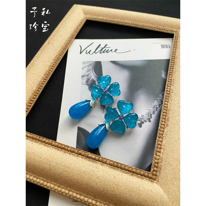 中古琉璃海蓝四叶草水滴银针耳环