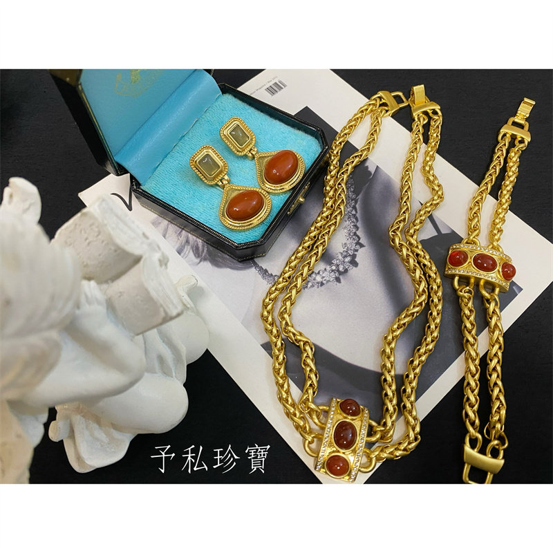 女复古红玛瑙红砂石手链项链耳环