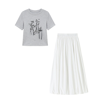 女新款夏季一套T恤花苞长裙套装