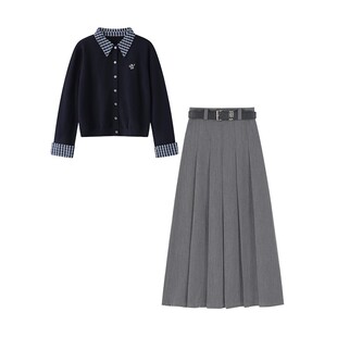 秋冬穿搭一整套女新款 高腰百褶半身裙两件套2636 格子拼接针织开衫