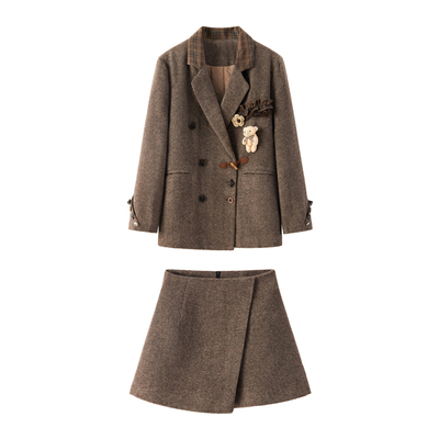 夹棉毛呢休闲西装女2025年秋冬新款百搭复古外套短裙两件套装4251