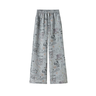 宽松百搭休闲运动显瘦直筒长裤 新款 2520 女秋季 卡通涂鸦印花阔腿裤