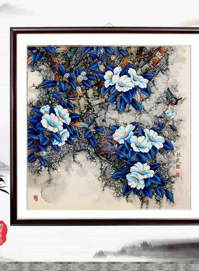 中国风十字绣工笔花鸟桂枝画清雾含香蝶恋花蓝色妖姬餐厅小幅满绣