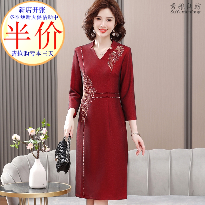 喜婆婆婚宴装高贵礼服中年妈妈春秋连衣裙半袖加大码婚礼喜庆裙子