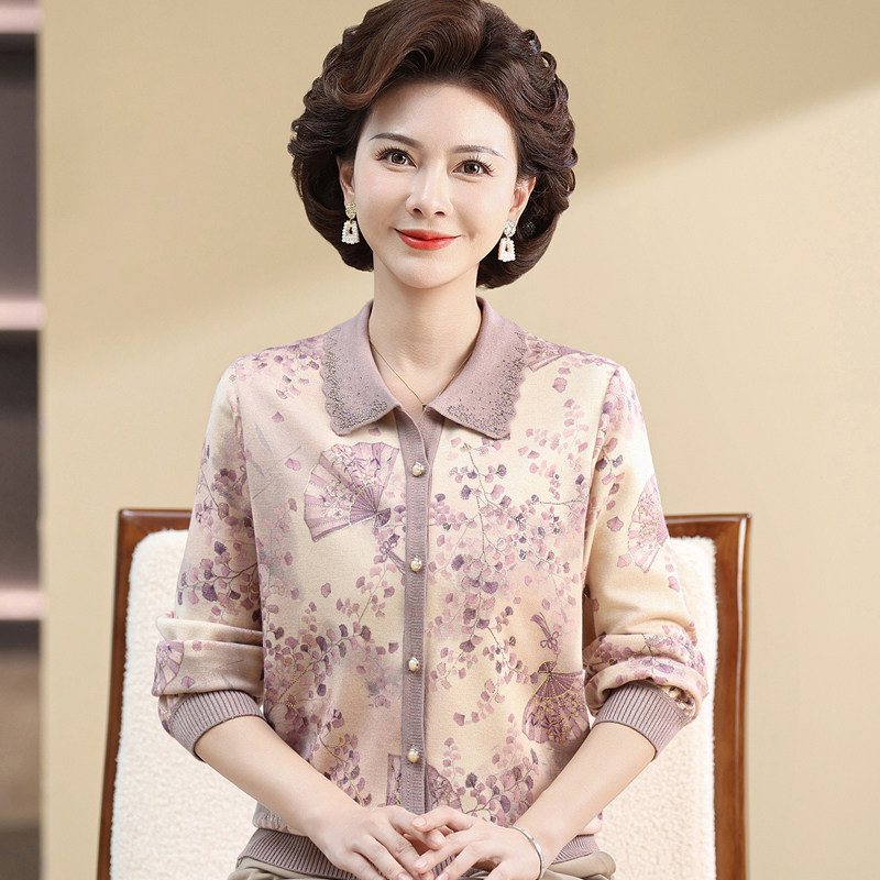 妈妈款秋装桑蚕丝长袖T恤 中老年妇女国风打底小衫开衫春秋上衣服