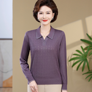洋气妈妈打底衫薄上衣2025新款中老年女秋装翻领长袖针织T恤大码