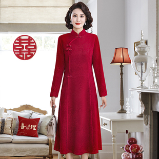 妈妈婚宴礼服高贵改良旗袍40岁50岁喜婆婆气质春秋装中长款连衣裙