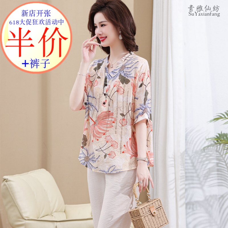中老年女装夏款棉麻T恤小衫中年大码两件套装妈妈高贵T恤洋气上衣